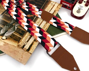 Handmade Geometric Guitar Strap, Upcycled Leather Ends Guitar strap, Adjustable and Comfortable Guitar Strap, 5 cm Strap, Electro Bass Strap