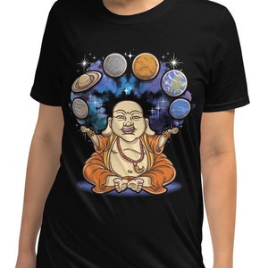 Cosmic Juggling Buddha T-Shirt - Planets, Buddhism, Buddhist, Spiritual, Mindfulness, Cool Graphic Tee, Yoga, Dharma, Zen