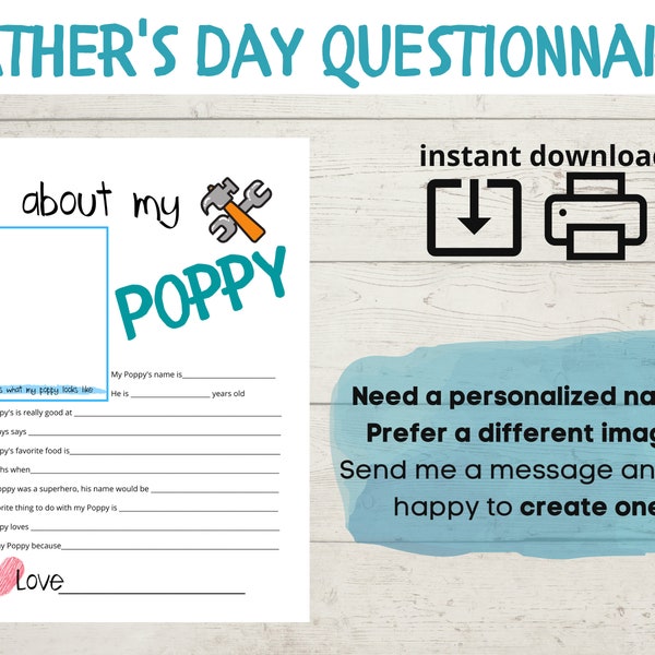 All About My Poppy- Father's Day Questionnaire - Fathers Day Survey -  Questions - Fill In The Blanks - Printable - Gift From Child - DIY