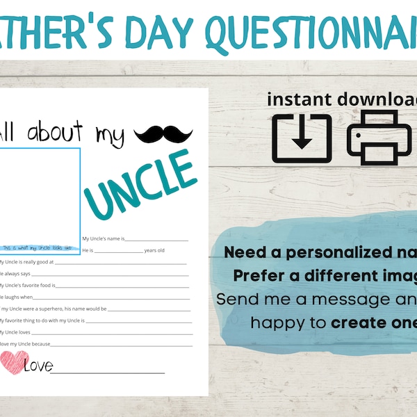 All About My Uncle- Father's Day Questionnaire - Fathers Day Survey -  Questions - Fill In The Blanks - Printable - Gift From Child - DIY