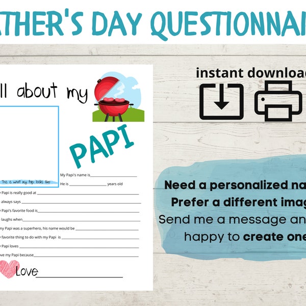 All About My Papi - Father's Day Questionnaire - Fathers Day Survey -  Questions - Fill In The Blanks  Printable  Gift From Child  DIY Craft