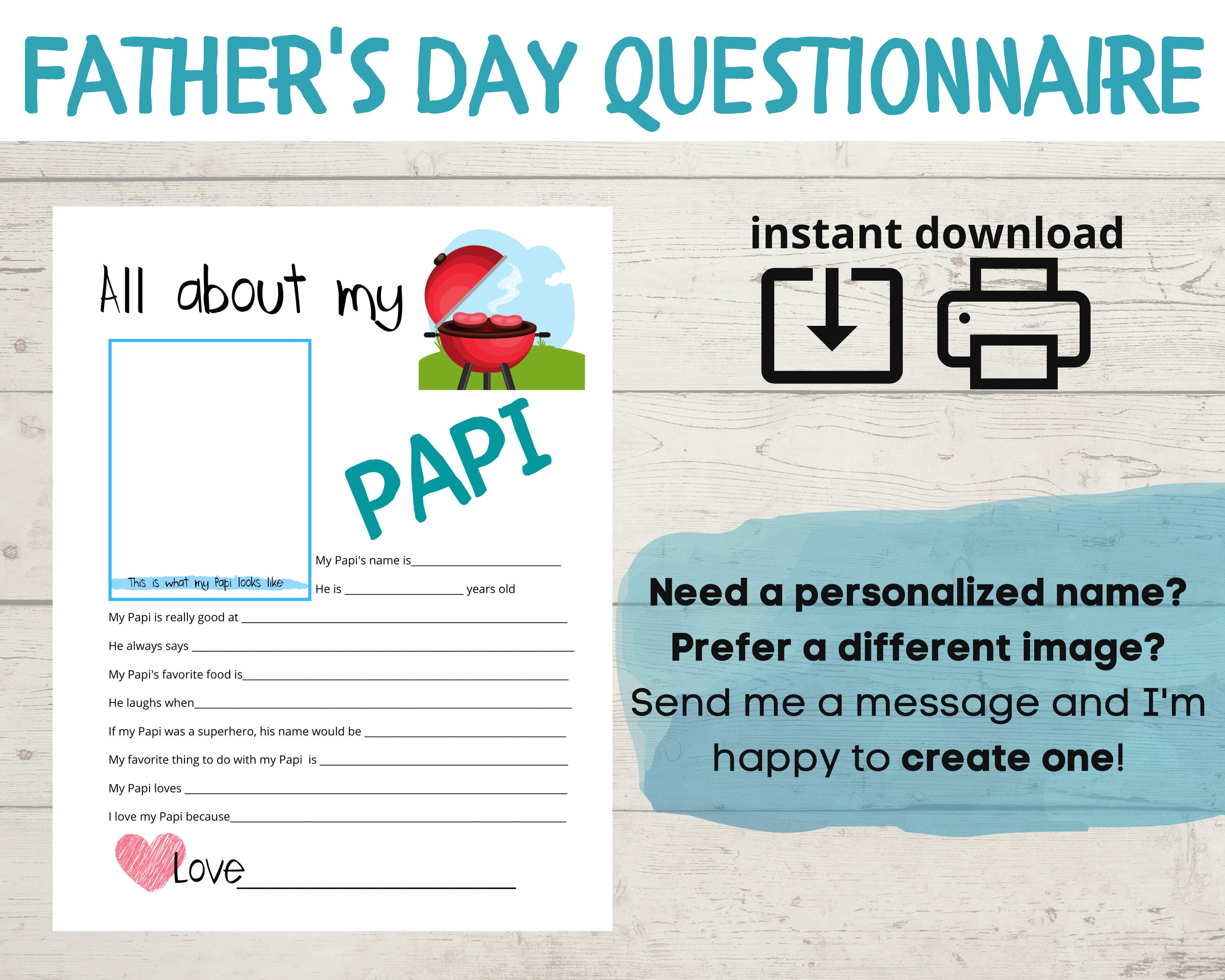 All About My Papi Kid Questionnaire INSTANT DOWNLOAD Fathers 