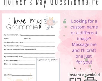 I Love My Grammie, Mother's Day Questionnaire, Survey, Questions, Fill In The Blanks, Printable, Gift From Kids, Preschool, Craft, Grammie