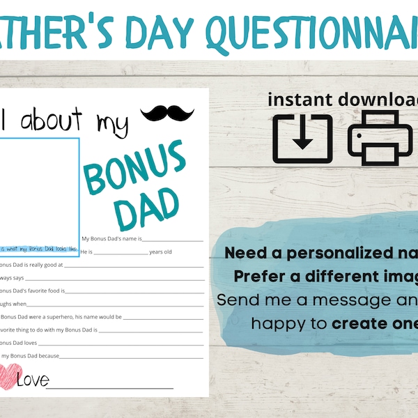 All About My Bonus Dad - Father's Day Questionnaire - Survey - Questions - Fill In The Blanks - Printable - Gift From Child - DIY - father's