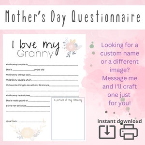 J'aime ma grand-mère, Questionnaire pour la fête des Mères, Sondage pour la fête des Mères, Questions, Remplir les cases, Imprimable, Cadeau d'un enfant, École maternelle, Créations manuelles
