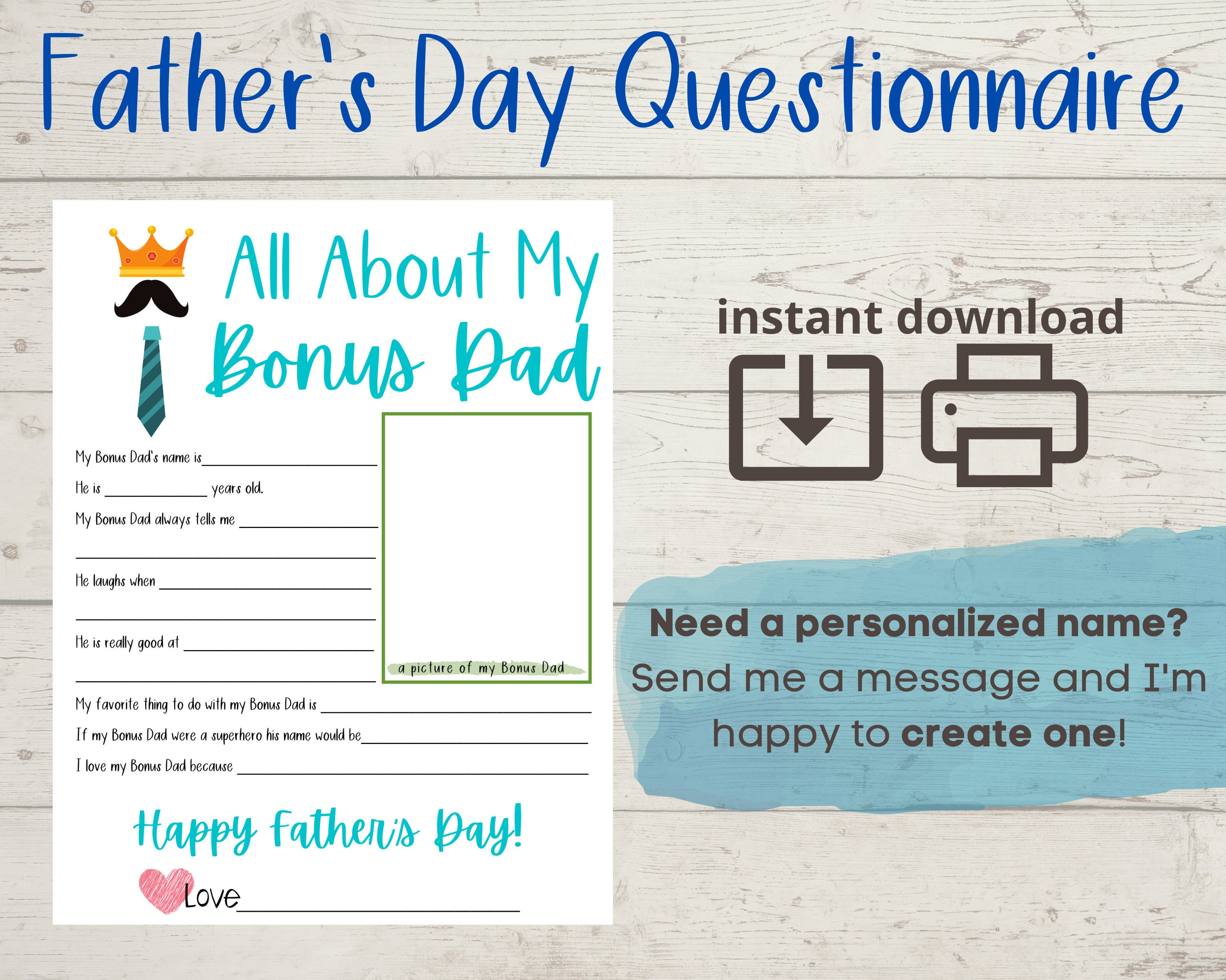All About My Bonus Dad Father's Day Questionnaire Fathers Day Survey ...