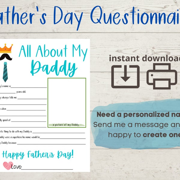 All About My Daddy - Father's Day Questionnaire - Fathers Day Survey -  Questions - Fill In The Blanks - Printable - Gift From Child - DIY