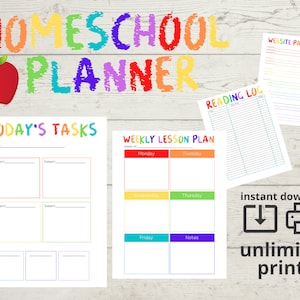 May include: A printable homeschool planner with colorful rainbow lettering. The planner includes sections for today's tasks, weekly lesson plans, reading log, and website passwords.