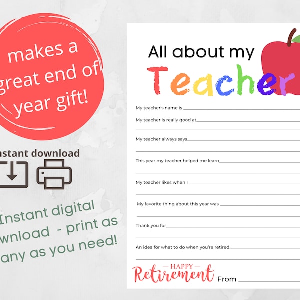 All About My RETIRING Teacher Printable - End Of Year Gift - Thank You Gift - Teacher Appreciation - Fill In The Blanks -  Teacher Card