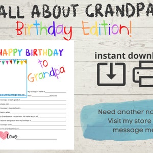Tout sur mon grand-père - Joyeux anniversaire - Imprimable - Questionnaire - Sondage - Remplissez les blancs - Cadeau grand-père - Anniversaire - Téléchargement instantané