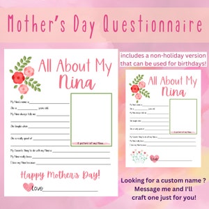 Alles over mijn Nina, Moederdagvragenlijst, oma, enquête, vragen, vul de lege plekken in, afdrukbaar, cadeau van kinderen, Nanna, peuter