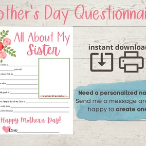 Alles über meine Schwester - Muttertag-Fragebogen - Fragen - Fill In The Blank - Printable - Geschenk von Kindern - Vorschule