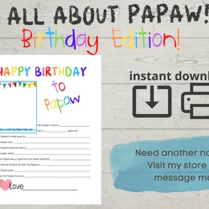 Alles über meinen Papaw - Happy Birthday - Fragebogen - Füllen Sie die Lücken aus - Geburtstagsgeschenk - Opa Geschenk - Sofort Download