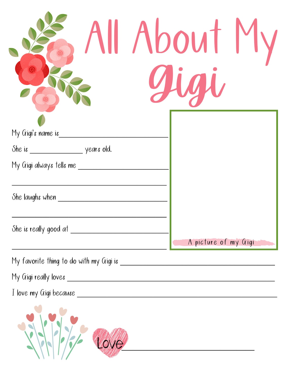 All About My Gigi, Mother's Day Questionnaire, Grandma, Survey ...