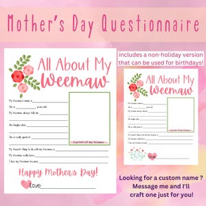 Tout sur ma marmotte, Questionnaire fête des mères, Grand-mère, Sondage, Questions, À remplir, Imprimable, Cadeau d'une enfant, Nanna, bambin