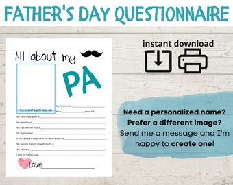 All About My Pa - Father's Day Questionnaire - Fathers Day Survey -  Questions - Fill In The Blanks - Printable - Gift From Child DIY Craft