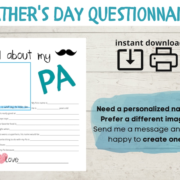 All About My Pa - Father's Day Questionnaire - Fathers Day Survey -  Questions - Fill In The Blanks - Printable - Gift From Child DIY Craft