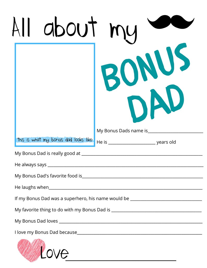 All About My Bonus Dad Step Dad Fathers Day Printable | Etsy