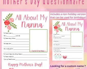 Nanna Mother's Day Questionnaire: Fillable Printable Gift (PDF)