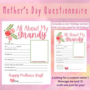 Tout sur ma grand-mère - Questionnaire fête des Mères - Sondage fête des Mères - Questions - Remplir les cases - Imprimable - Cadeau d'un enfant
