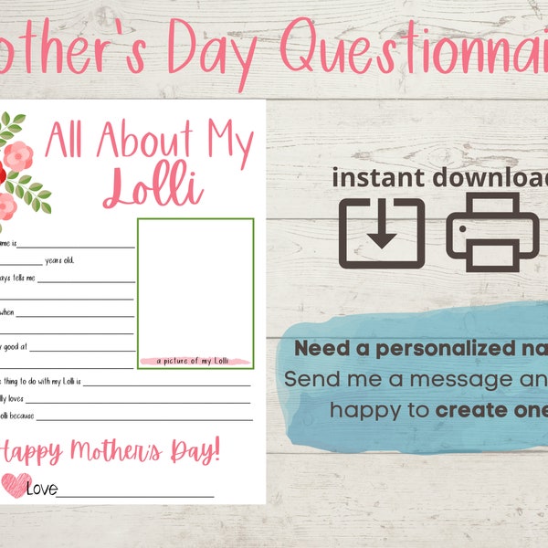 All About My Lolli - Mother's Day Questionnaire - Mothers Day Survey - Questions - Fill In The Blanks - Printable - Gift From Kids - Grandma