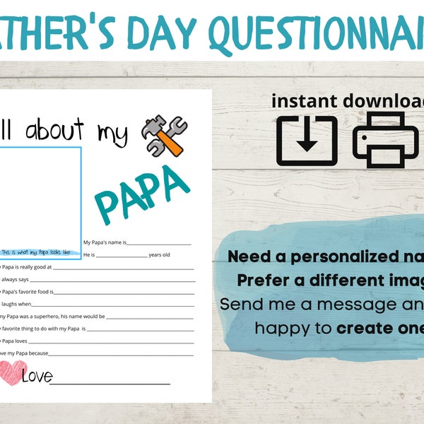 All About My Papa - Father's Day Questionnaire - Fathers Day Survey -  Questions - Fill In The Blanks  Printable  Gift From Child  DIY Craft