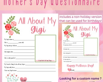 All About My Gigi, Mother's Day Questionnaire, Grandma, Survey, Questions, Fill In The Blanks, Printable, Gift From Kids, Birthday Interview