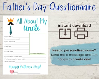 All About My Uncle - Father's Day Questionnaire - Fathers Day Survey -  Questions - Fill In The Blanks - Printable - Gift From Child - DIY