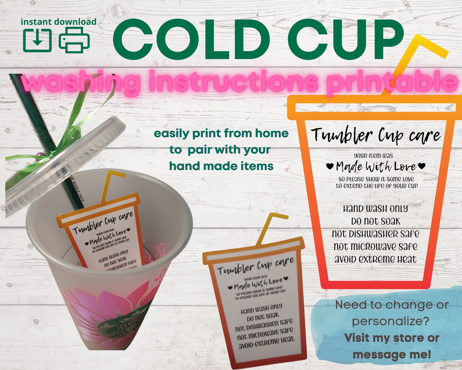 Printable Cold Cup Tumbler Washing Instructions SVG Starbucks Etsy