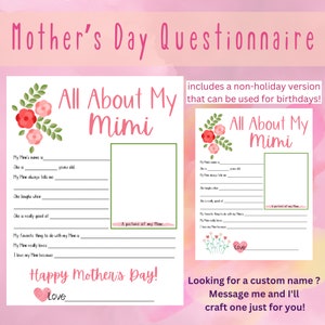 Alles über meine Mimi, Muttertagsfragebogen, Oma, Fragebogen, Fragen, Füllen Sie die Lücken aus, Printable, Geschenk von Kindern, Geburtstagsinterview