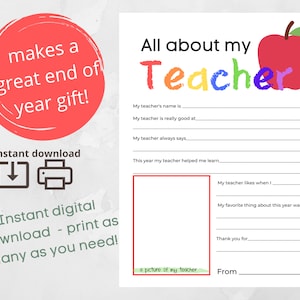 Alles über meinen Lehrer druckbar - Ende des Jahres Geschenk - Danke Geschenk - Lehrer Wertschätzung - Füllen Sie die Lücken - Lehrer Geschenk - Lehrer Karte