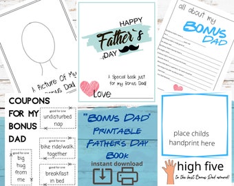 Bonus Dad Fathers Day Printable Book - Father's Day DIY gift - Grandpa -  Fill In The Blanks - Questionnaire - Survey - Handprint - Coupons