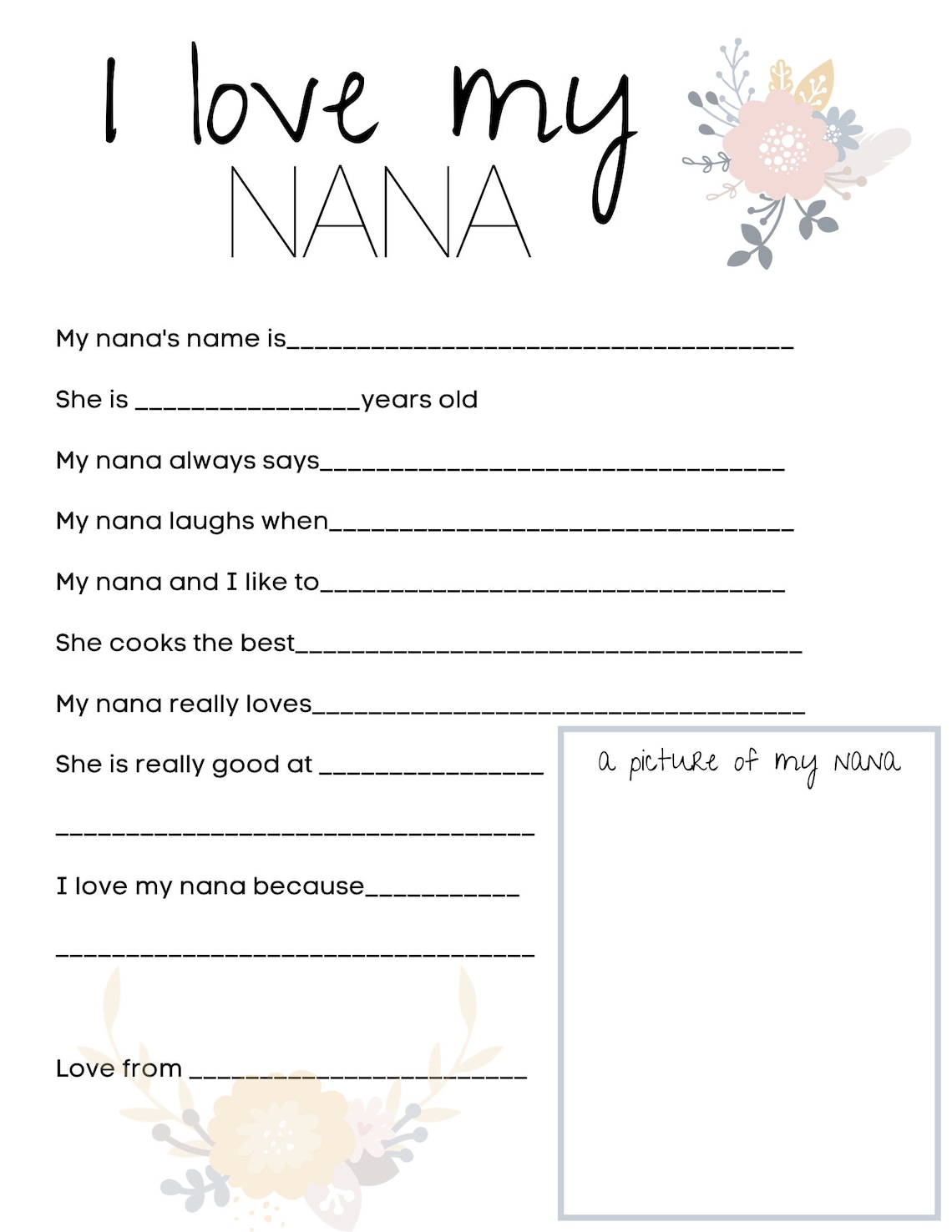I Love My Nana, Mother's Day Questionnaire, Survey, Questions, Fill in