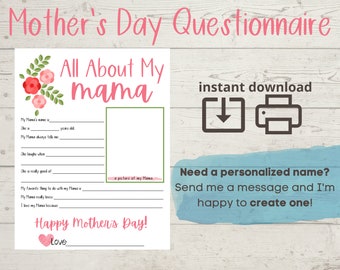 Pode incluir: Questionário imprimível para o Dia das Mães com um design floral rosa. O questionário faz perguntas sobre a mãe da pessoa, como seu nome, idade e coisas favoritas para fazer juntos. Também inclui um espaço para uma foto da mãe. O texto "Feliz Dia das Mães!" está na parte inferior da página.