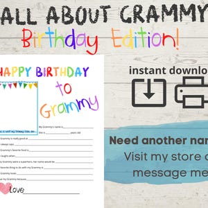 Tout sur mes Grammy - Joyeux anniversaire - Imprimable - Questionnaire - Sondage - Remplissez les champs - Cadeau grand-mère - Anniversaire - DIY - Créations manuelles - Carte