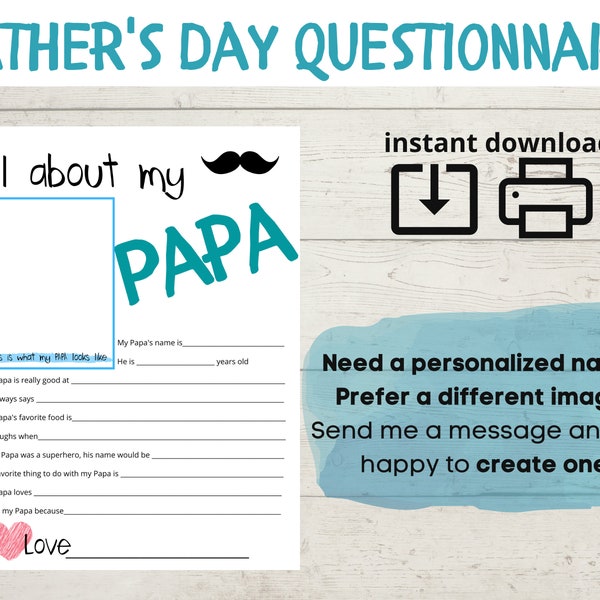 All About My Papa - Father's Day Questionnaire - Fathers Day Survey -  Questions - Fill In The Blanks - Printable  Gift From Child DIY Craft