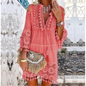 Women Summer Vintage Boho Dress Cocktail Party V-Neck Bohemian Beach Wear Short Sleeve Holiday Loose Fit Dresses