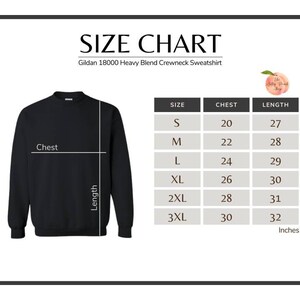 K&ouml;nnte beinhalten: Gr&ouml;&szlig;entabelle f&uuml;r ein Gildan 18000 Heavy Blend Crewneck Sweatshirt. Die Tabelle zeigt die Brust- und L&auml;ngenma&szlig;e in Zoll f&uuml;r die Gr&ouml;&szlig;en S, M, L, XL, 2XL und 3XL.