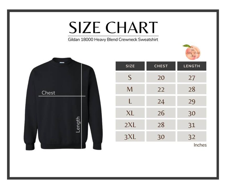 K&ouml;nnte beinhalten: Gr&ouml;&szlig;entabelle f&uuml;r ein Gildan 18000 Heavy Blend Crewneck Sweatshirt. Die Tabelle zeigt die Brust- und L&auml;ngenma&szlig;e in Zoll f&uuml;r die Gr&ouml;&szlig;en S, M, L, XL, 2XL und 3XL.