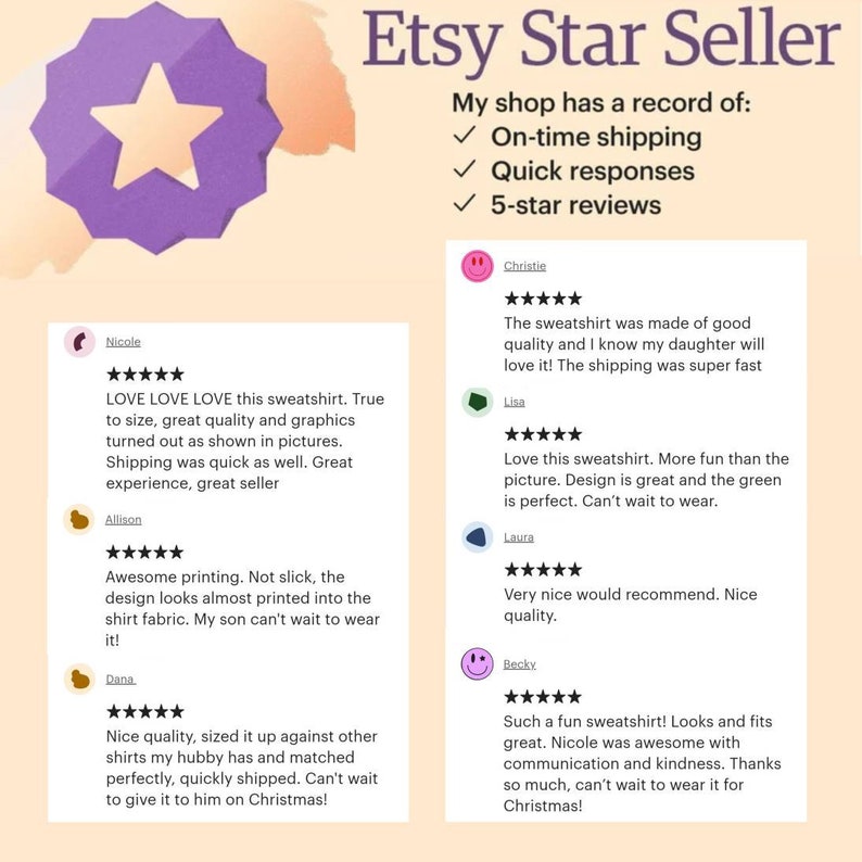 K&ouml;nnte beinhalten: Etsy-Shop-Bewertungen mit f&uuml;nf Sternen. Kunden loben die Qualit&auml;t, die Versandgeschwindigkeit und das Design der Sweatshirts. Die Bewertungen heben die positive Erfahrung mit dem Shop hervor.