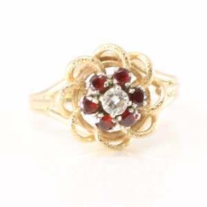 14k Vintage Garnet and .25 ctw Floral Diamond Ring