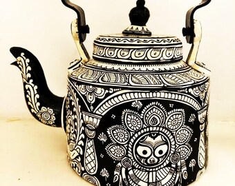 Handmade Tribal Teapot, Tea Lover Gift, HAND PAINTED Tea Kettle, Unusual Tea Party Decoration, Novelty Afternoon Tea, Metal Coffee Pot