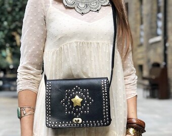 STAR STUDDED LEATHER Bag, Vintage Punk Leather Purse, Embossed Steampunk Bag, Biker Style, Handmade Leather Satchel, Sheriff Star