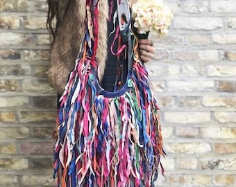 Multicoloured TASSEL BAG, Hippie Leather Purse, Large Boho Bag Vintage, Unique Women's Shoulder Bag, Ethnic Fringe Bag Soft Leather