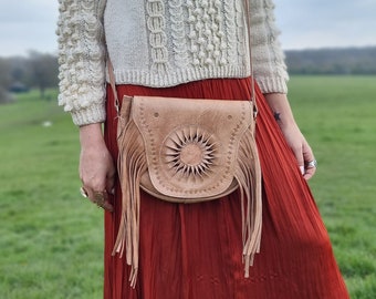 Sun TOOLED LEATHER BAG with Fringe, Women Boho Purse, Vintage Western Style Saddle Bag, Gift for Girlfriend