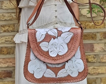 Hand Painted WHITE ROSE LEATHER Bag, Tooled Flower Purse Boho, Embossed Leather Bag Floral Leaves, Hippie Botanical Women's Bag Western