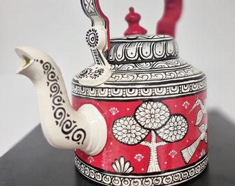 Bouilloire fantaisie, théière tribale arbres oiseaux, cafetière peinte à la main, cadeau pour amateur de café, décoration de tea party faite main, design botanique