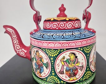 Cadeau unique pour les amateurs de thé, théière tribale indienne peinte à la main, décoration de tea party fantaisie, bouilloire à thé en émail fait main, accessoire de cuisine