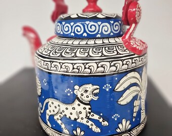 Tetera botánica pintada a mano, regalo para amantes del árbol de gacela leopardo safari, decoración novedosa para la fiesta del té de la tarde, tetera tribal boho