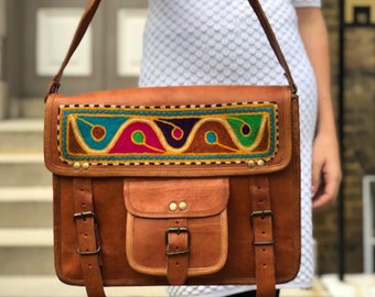Unique Embroidered Leather Messenger Bag for Women - Large